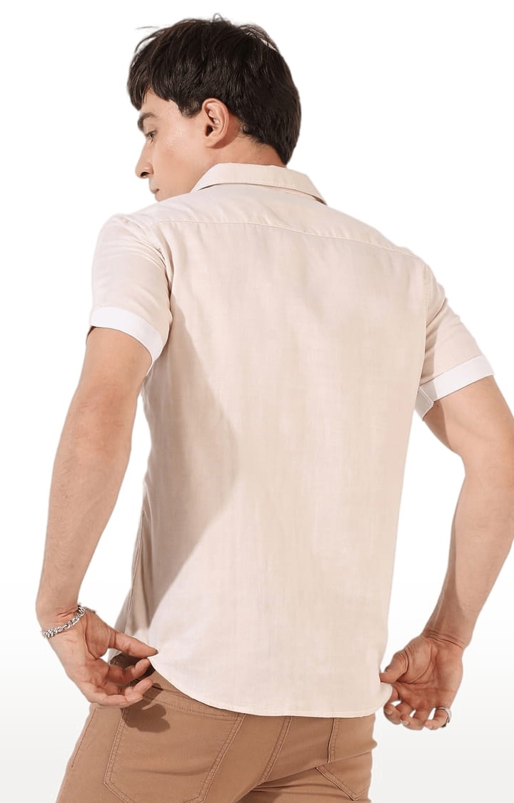 Men's Beige Cotton Blend Solid Casual Shirts