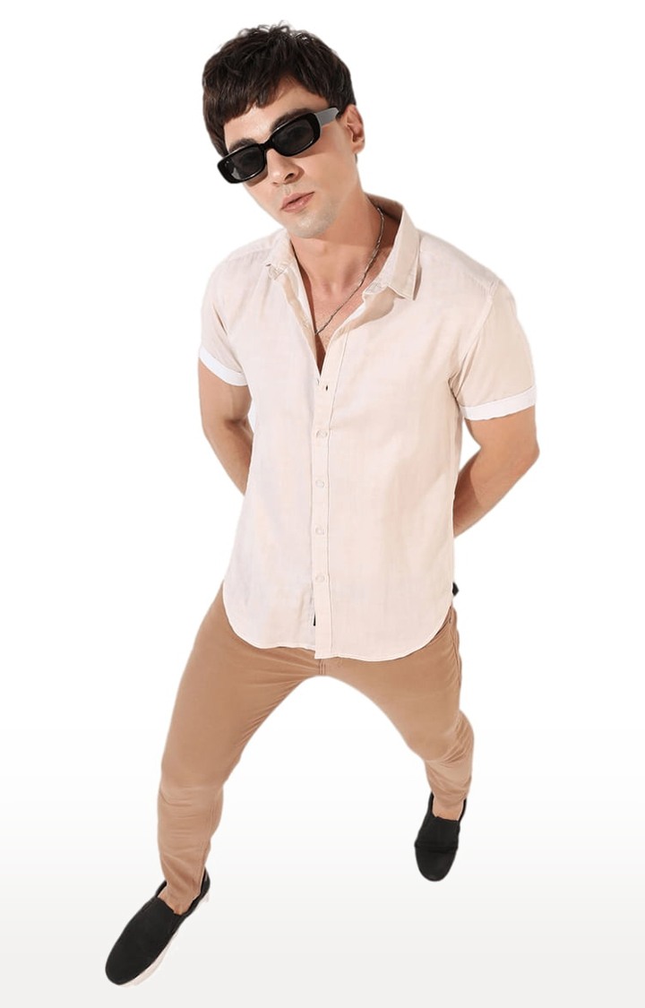 Men's Beige Cotton Blend Solid Casual Shirts