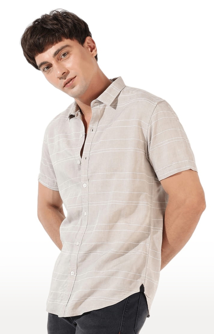 CAMPUS SUTRA | Men's Beige Cotton Blend Striped Casual Shirts