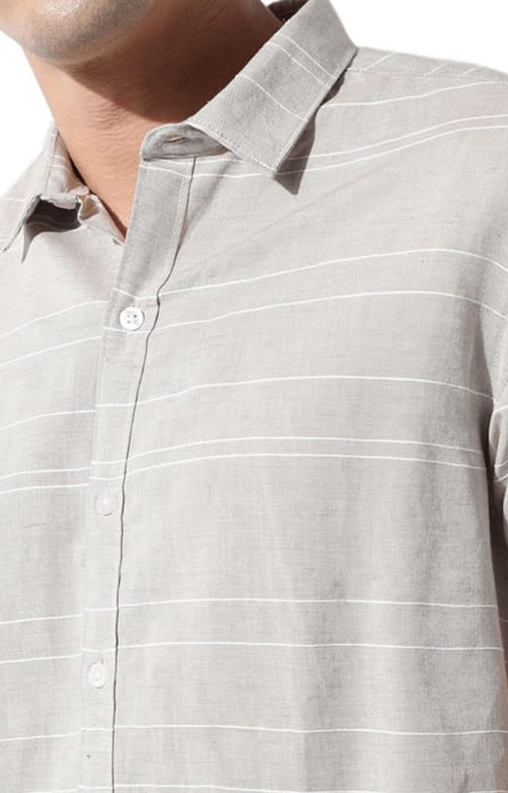 Men's Beige Cotton Blend Striped Casual Shirts