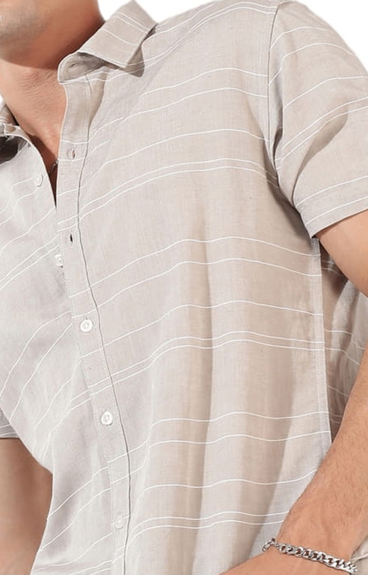 Men's Beige Cotton Blend Striped Casual Shirts
