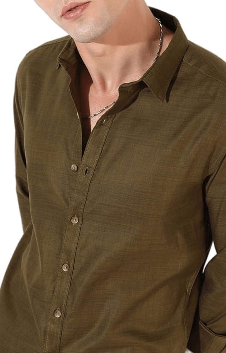 Men's Green Cotton Blend Solid Casual Shirts