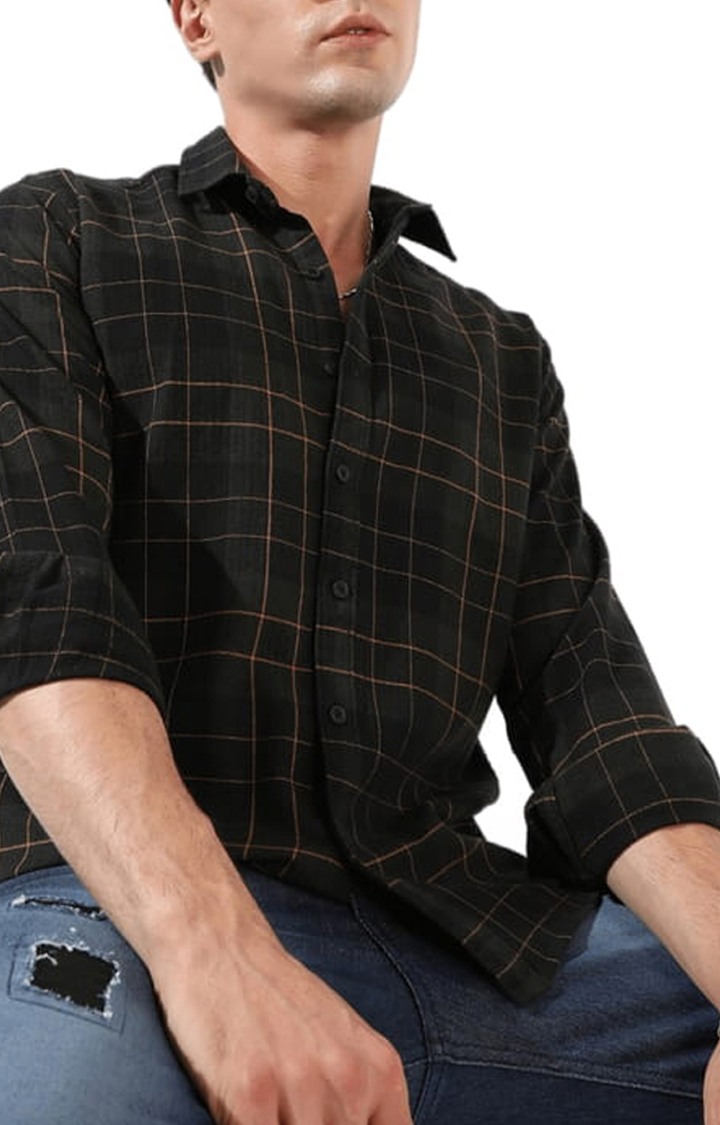 Men's Dark Green Cotton Blend Checkered Casual Shirts