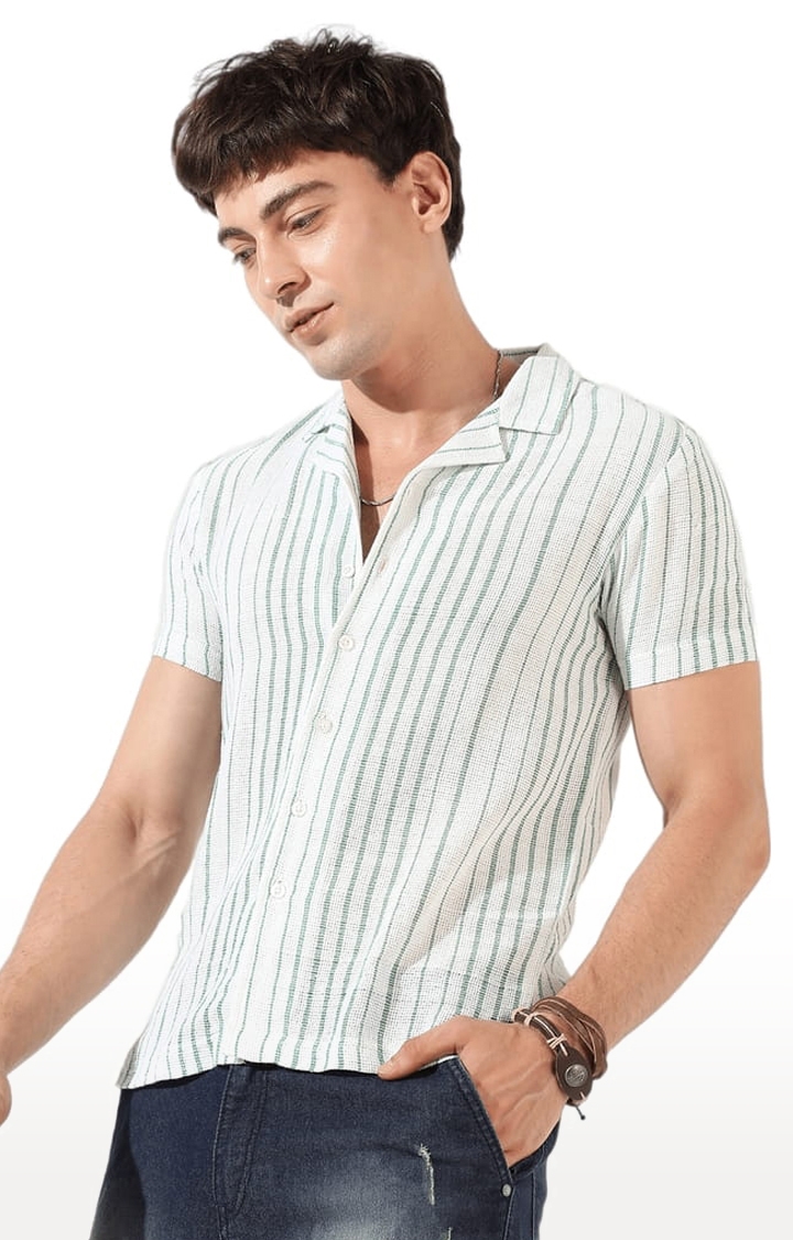 Men's White and Green Cotton Blend Striped Casual Shirts