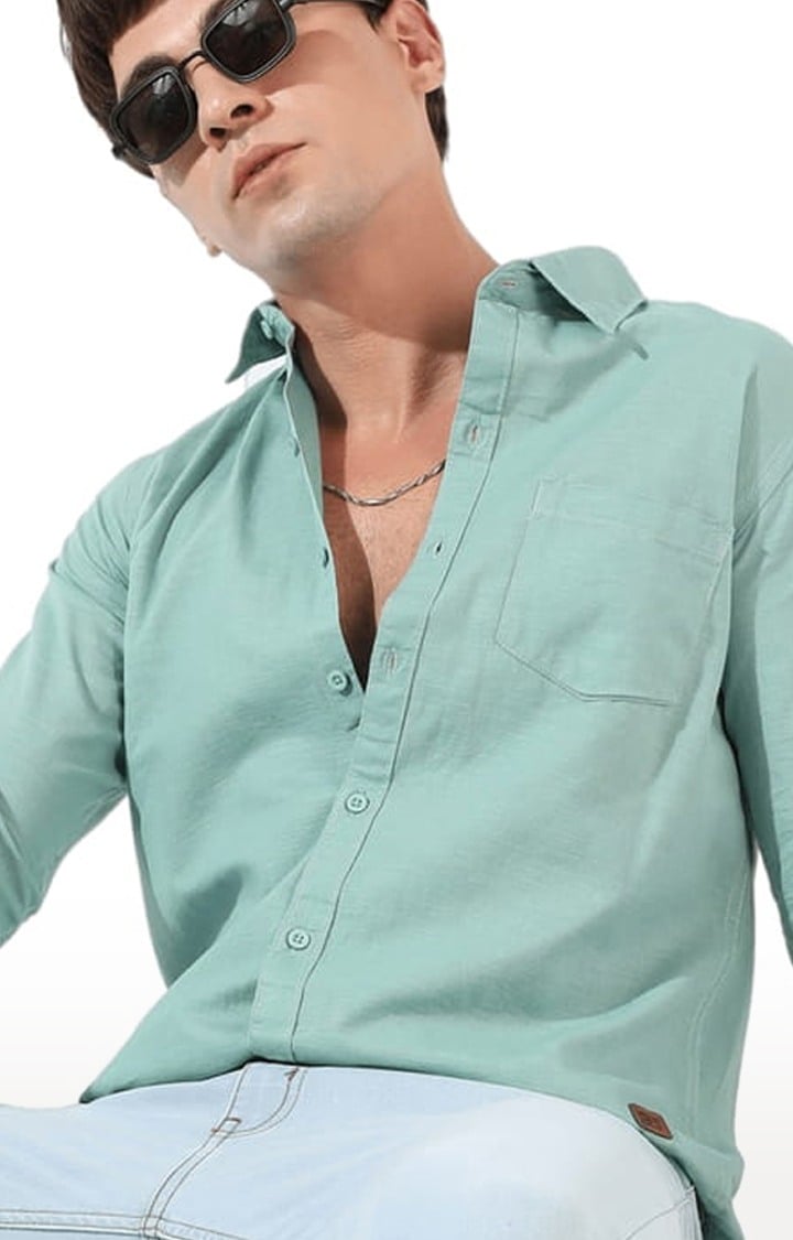 Men's Green Cotton Blend Solid Casual Shirts