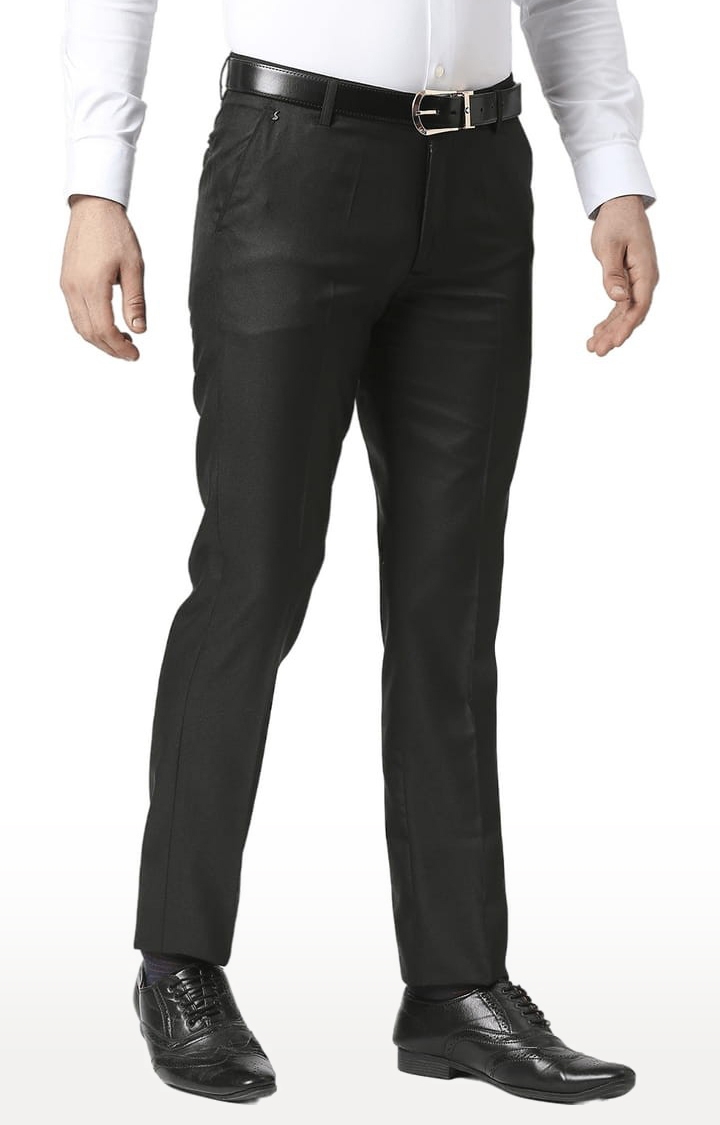 SOLEMIO | Men's Black Polyester Solid Flat Front Formal Trousers 0