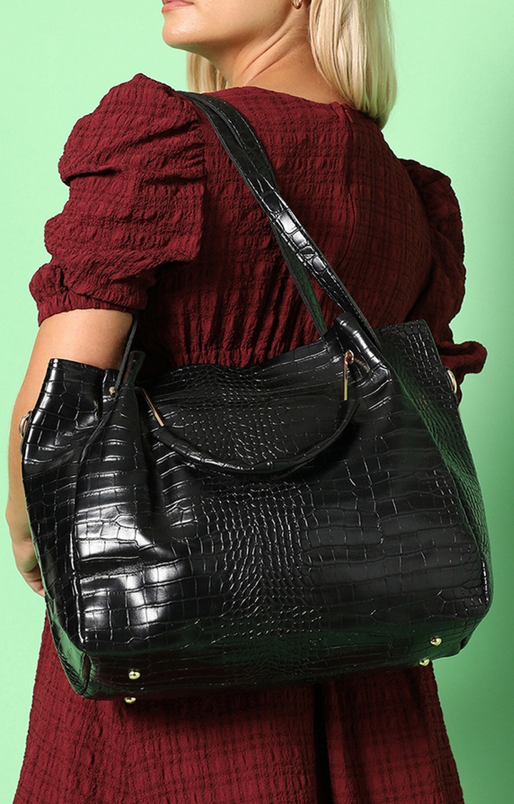 Women's Black Textured Handbags