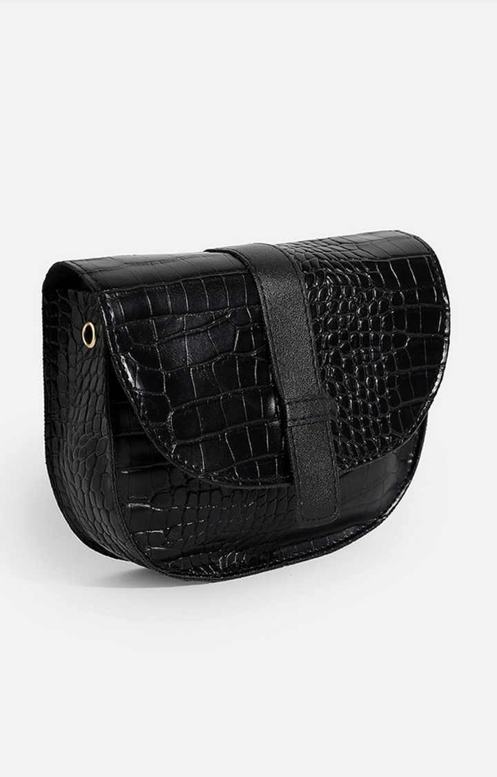 Women's Black Textured Baguette Bags