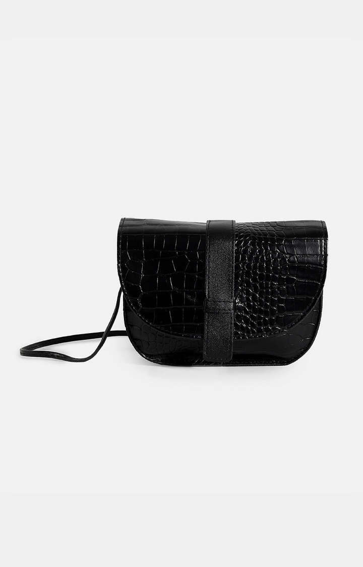 Women's Black Textured Baguette Bags