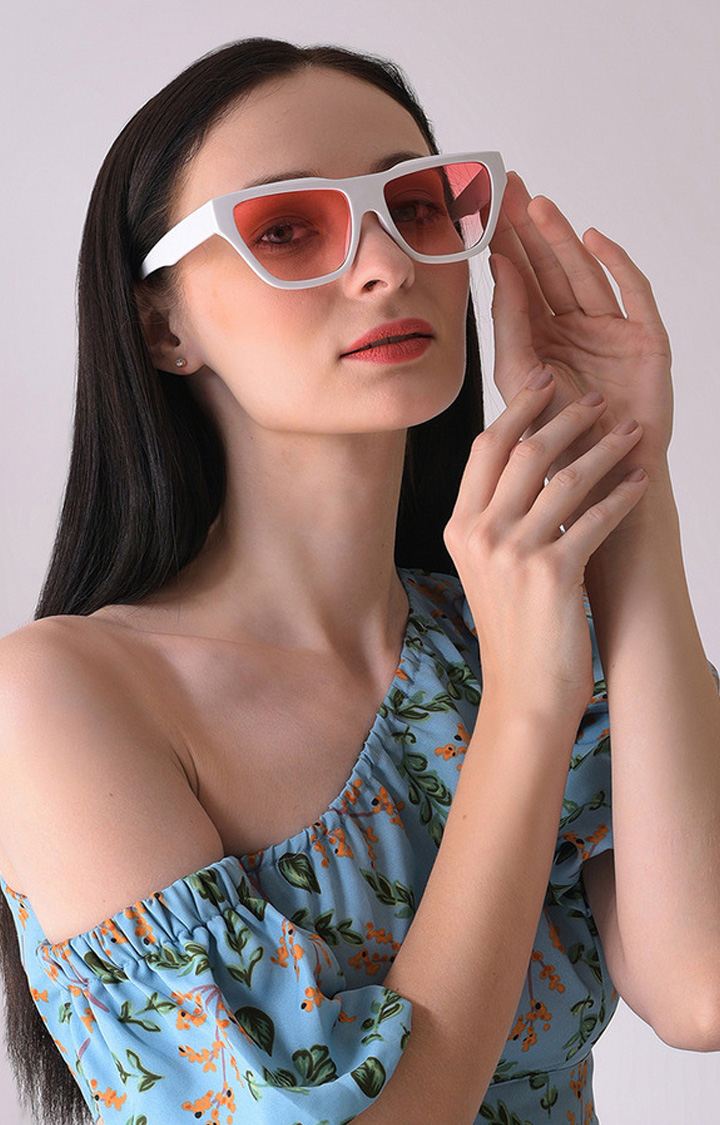 Women's Pink Lens White Cateye Sunglasses