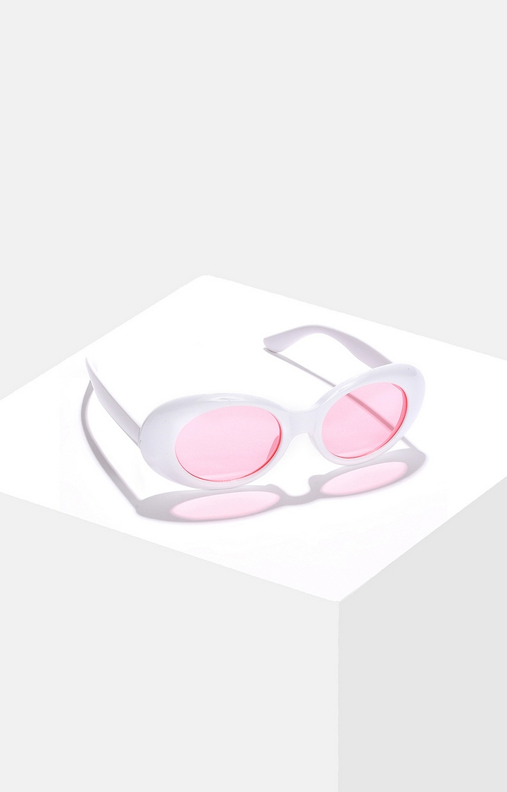 Women's Pink Lens White Oval Sunglasses