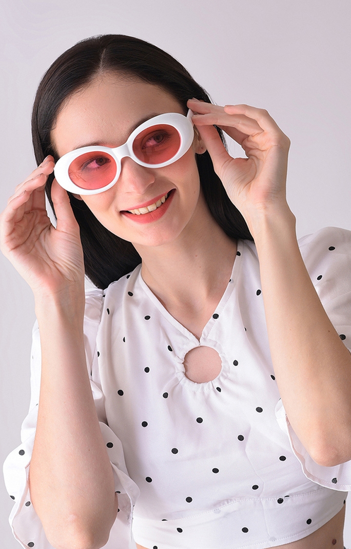 Women's Pink Lens White Oval Sunglasses