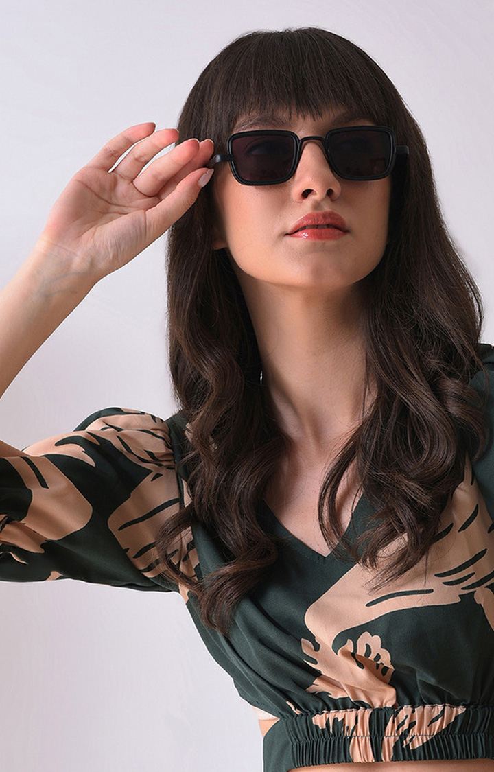 Women's Black Lens Black Rectangle Sunglasses