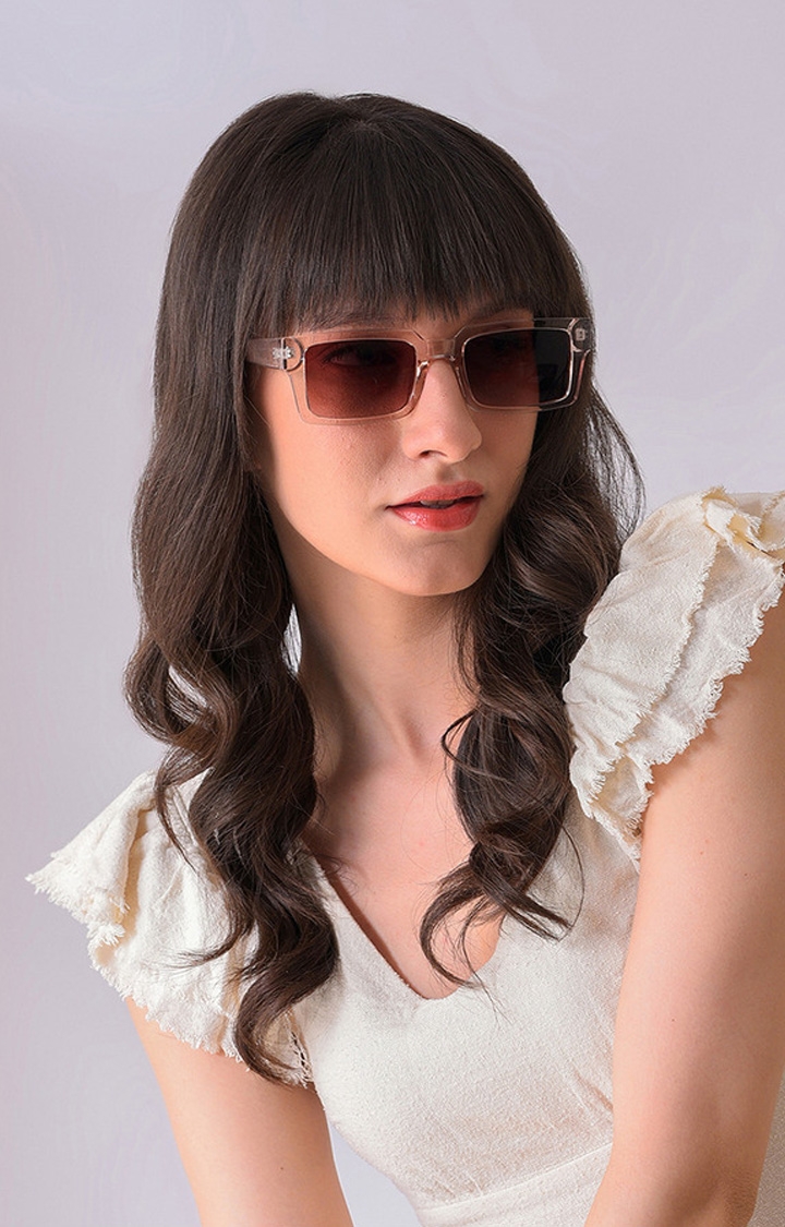 Women's Brown Lens White Rectangle Sunglasses