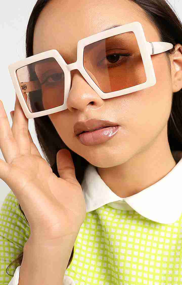 Women's Beige Rectangular Sunglasses