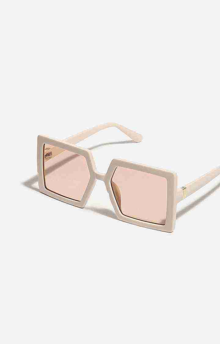 Women's Beige Rectangular Sunglasses
