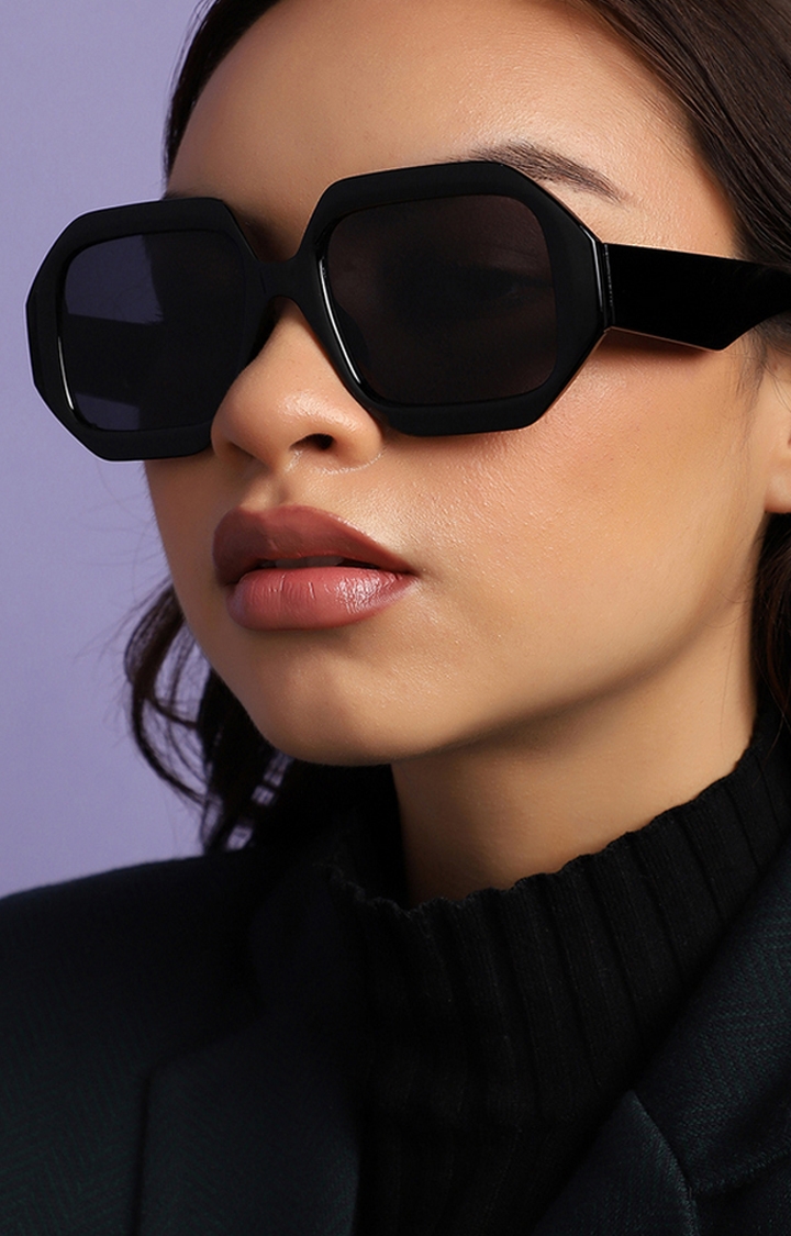 Women's Black Hexagonal Sunglasses