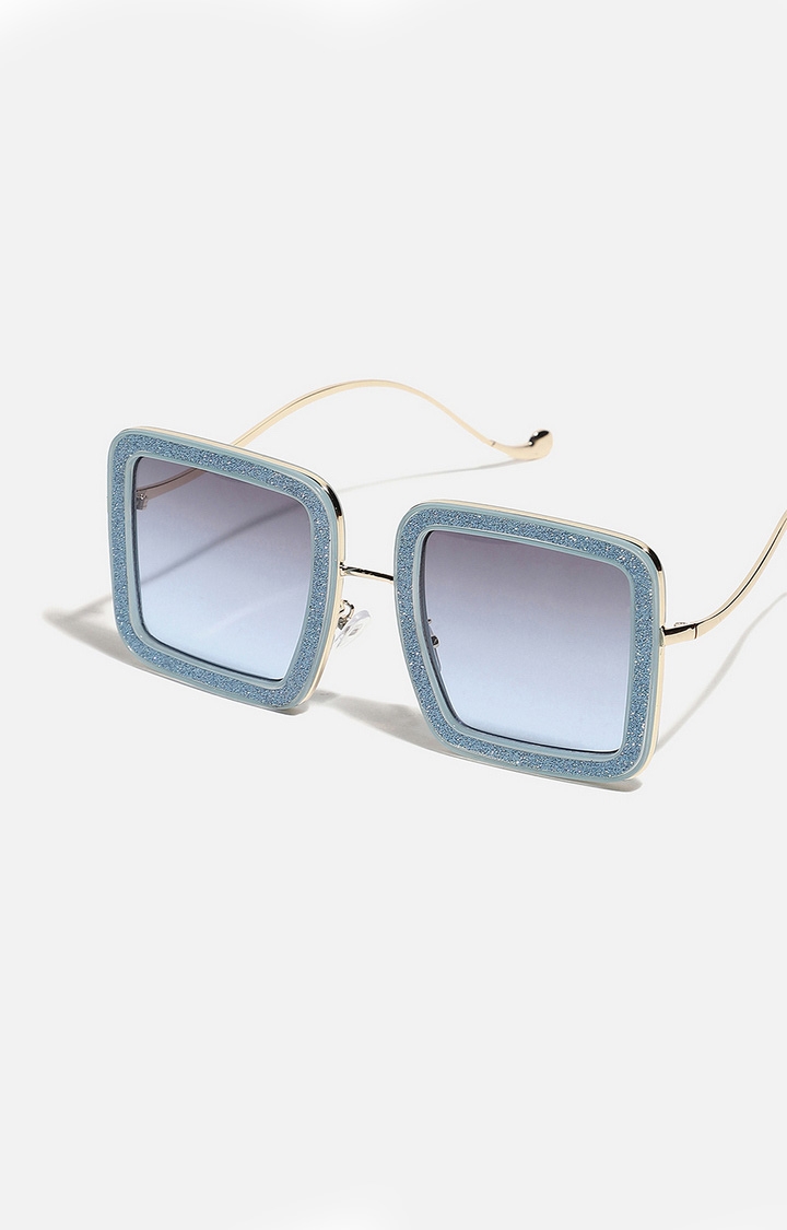 Women's Blue & Gold Rectangular Sunglasses