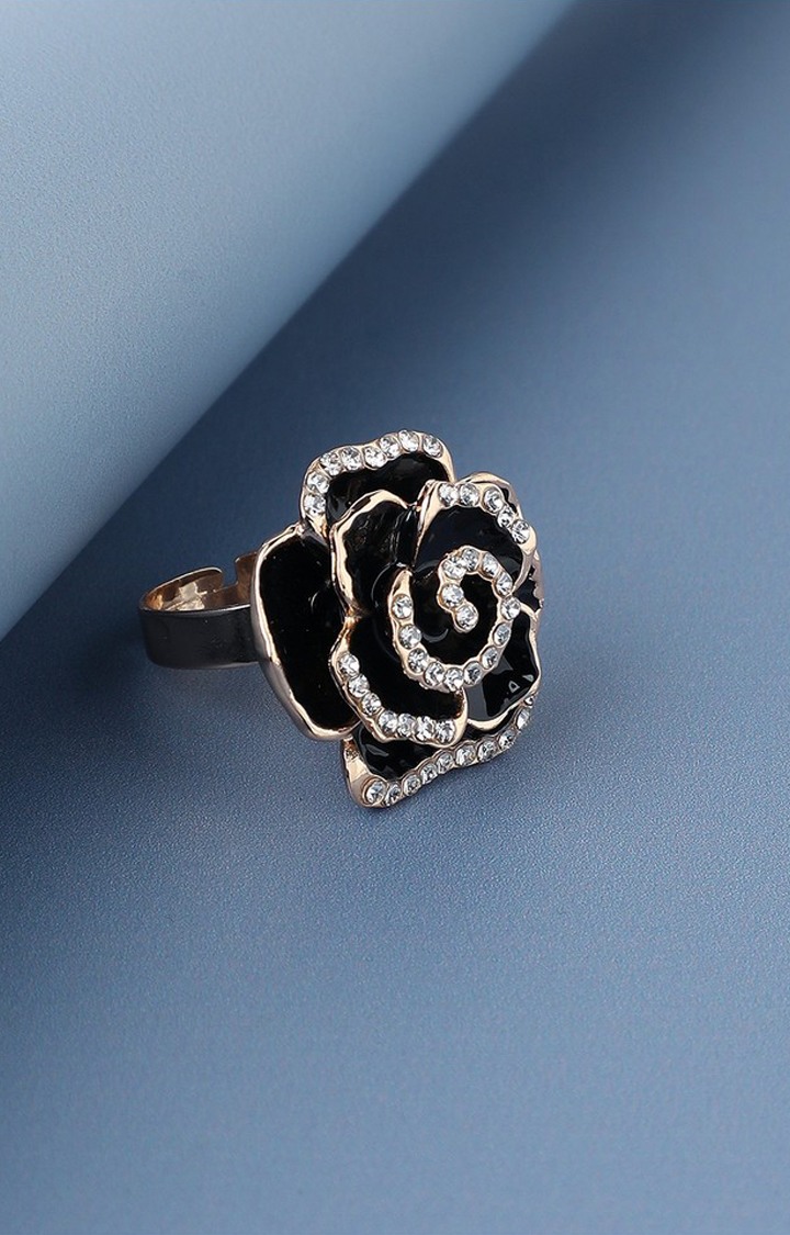 SOHI Gold-Plated Stone Studded Black Rose Shape Finger Ring