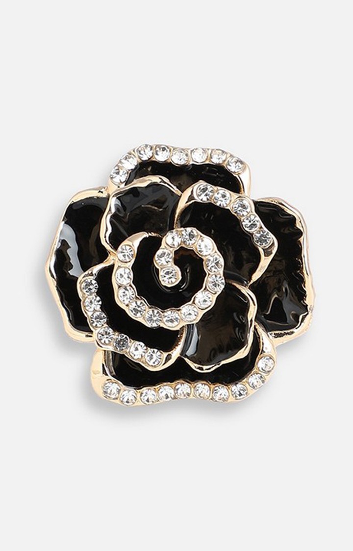SOHI Gold-Plated Stone Studded Black Rose Shape Finger Ring