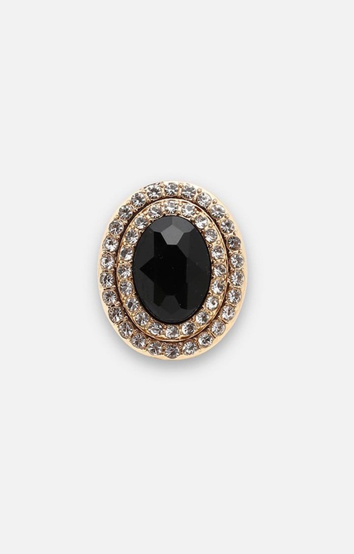 SOHI Gold-Plated & Black Stone-Studded Adjustable Finger Ring