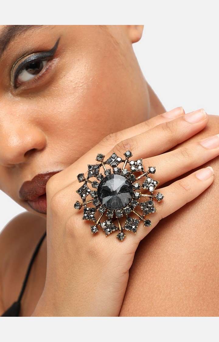 SOHI Gold-Plated Grey Stone Studded Adjustable Finger Ring