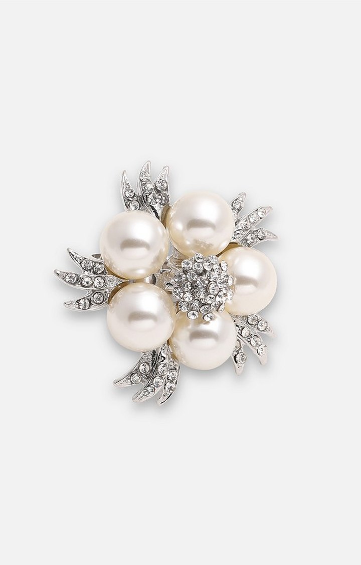 SOHI Silver-Plated & White Stone-Studded & Pearl Beaded Adjustable Finger Rings