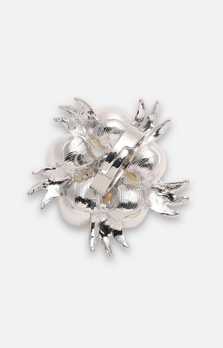 SOHI Silver-Plated & White Stone-Studded & Pearl Beaded Adjustable Finger Rings