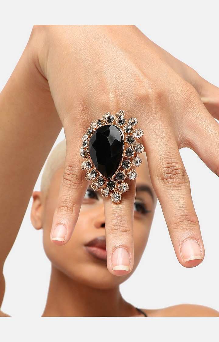 SOHI Gold-Plated & Black Stone-Studded Designer Finger Ring