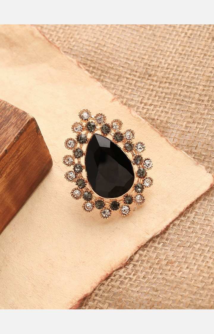 SOHI Gold-Plated & Black Stone-Studded Designer Finger Ring