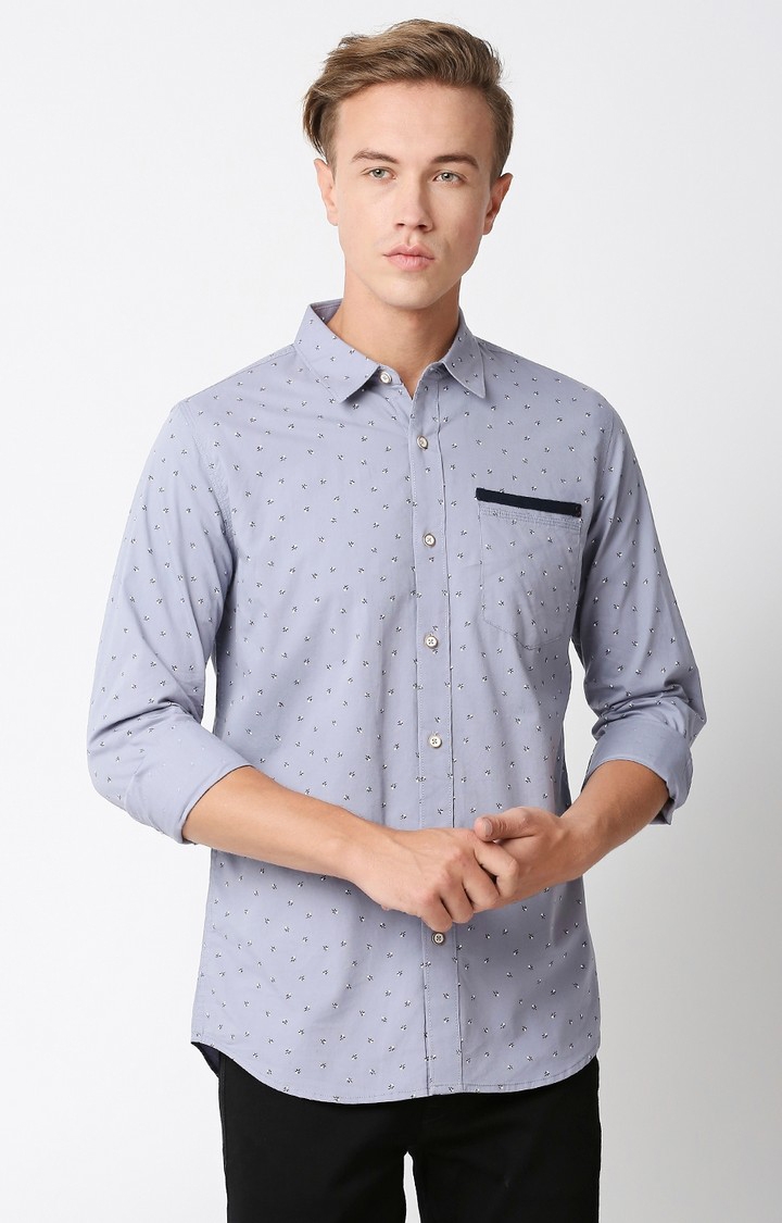Solemio Printed 100% Cotton Slim Fit Full Sleeves Shirt - Grey