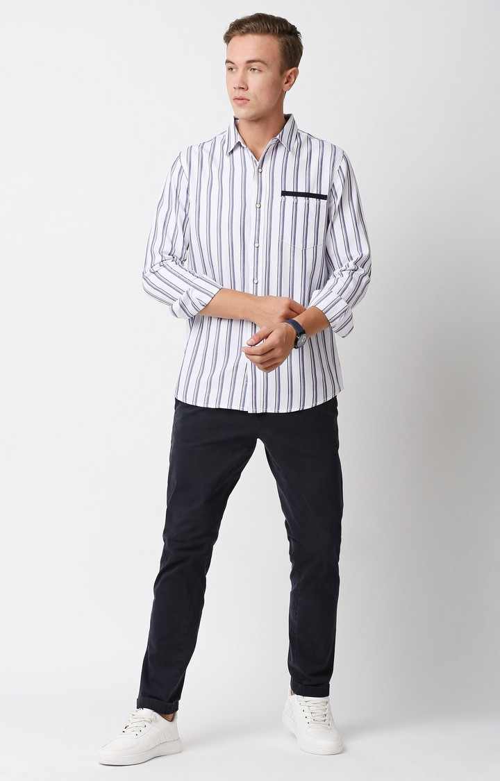 Solemio Stripes 100% Cotton Slim Fit Full Sleeves Shirt - White Blue