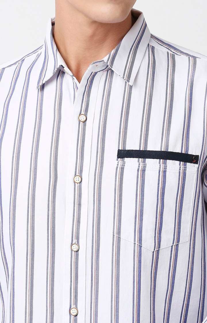 Solemio Stripes 100% Cotton Slim Fit Full Sleeves Shirt - White Blue