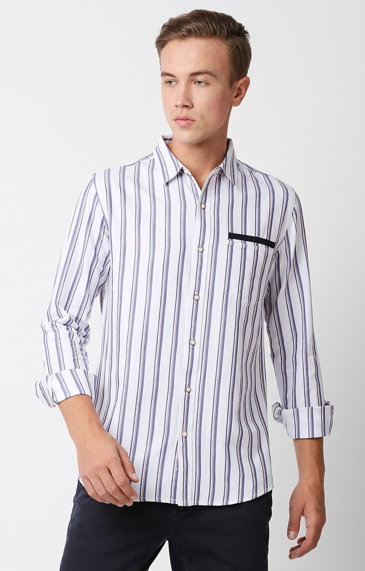 FITZ | Solemio Stripes 100% Cotton Slim Fit Full Sleeves Shirt - White Blue