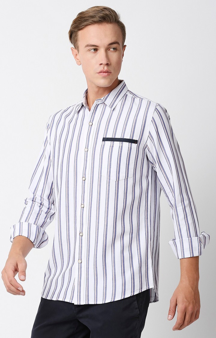 Solemio Stripes 100% Cotton Slim Fit Full Sleeves Shirt - White Blue