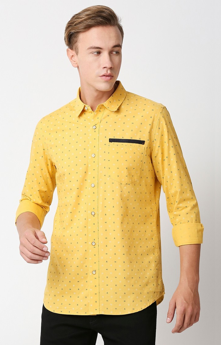 Solemio Printed 100% Cotton Slim Fit Full Sleeves Shirt - Yellow