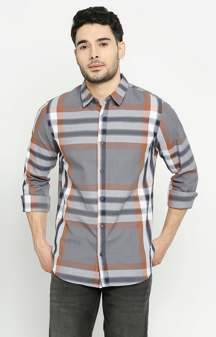 FITZ | Solemio Checks 100% Cotton Slim Fit Full Sleeves Shirt - Grey