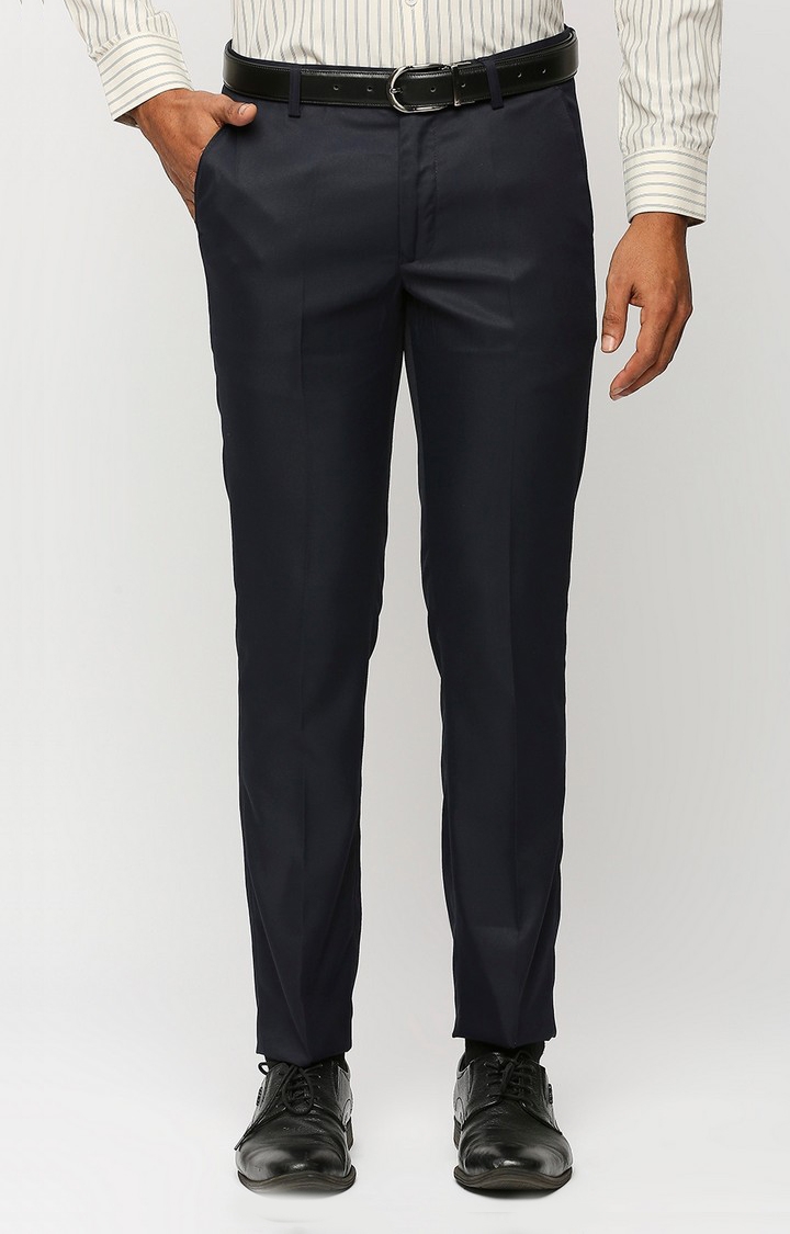 Solemio Solid Polyester Slim Fit Trouser - Navy Blue