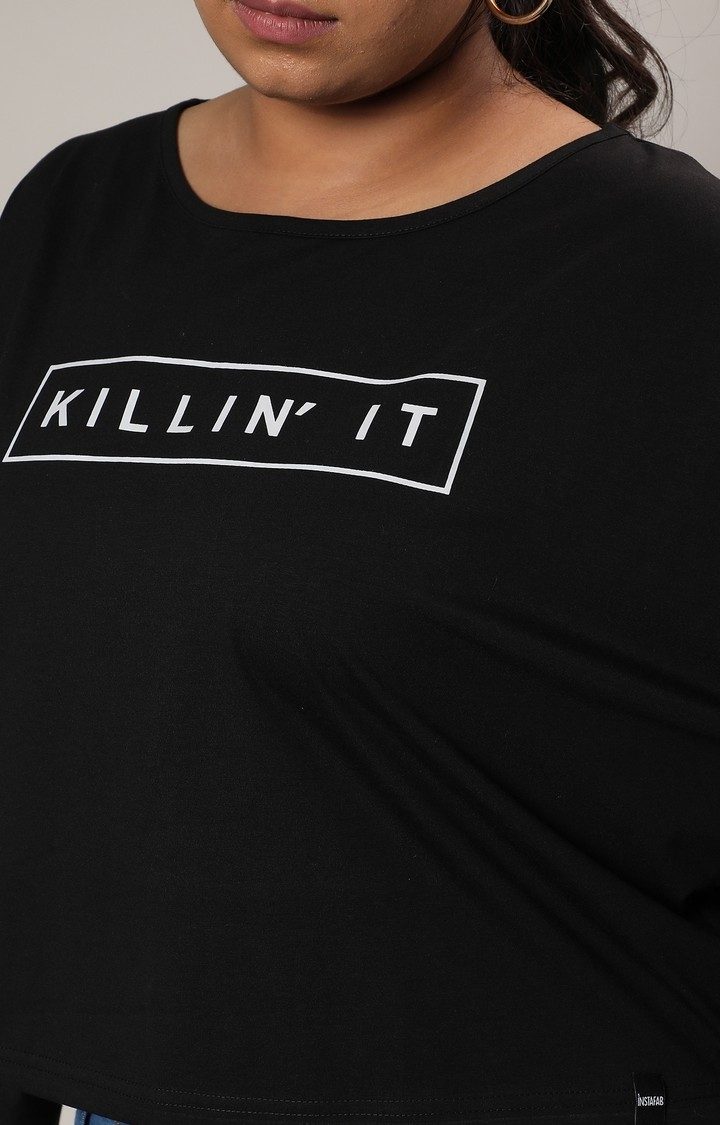 Women's Black Typographic Regular T-Shirts
