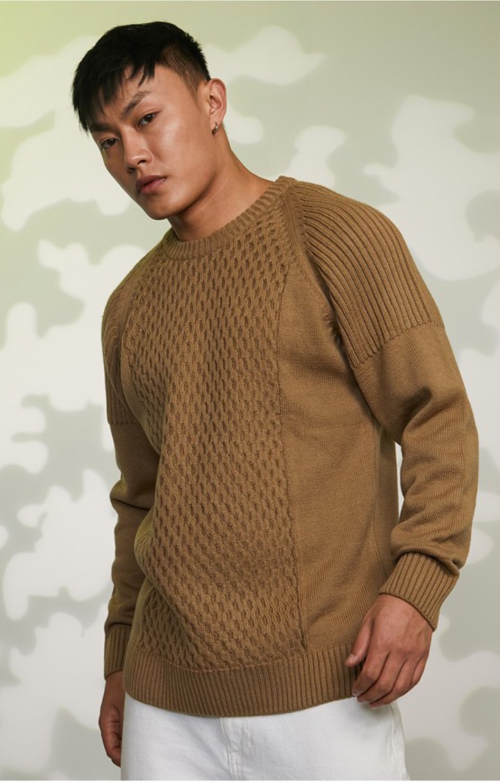 Men's Brown Solid Sweaters