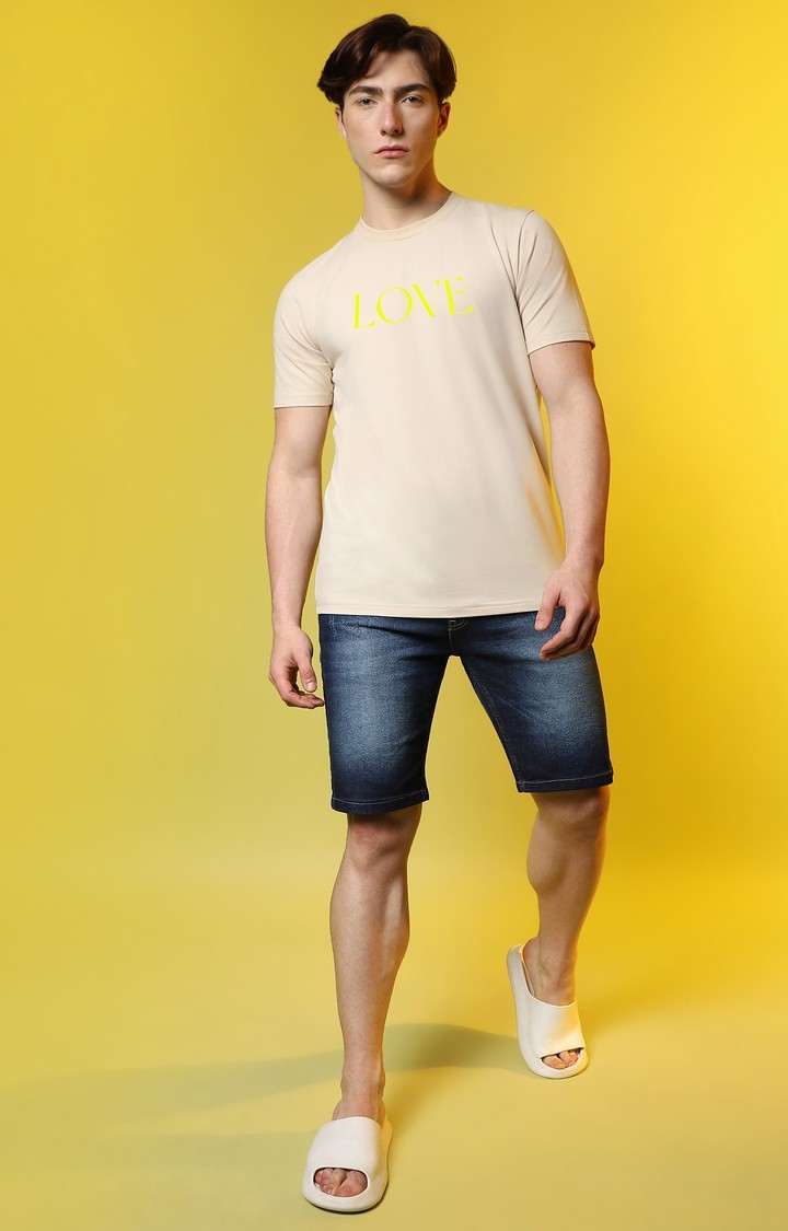 Men's Beige Printed Regular T-Shirt