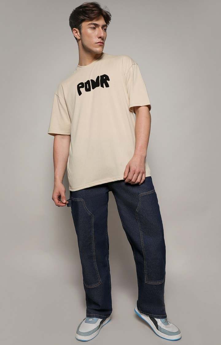 Men's Beige Printed Oversized T-Shirt