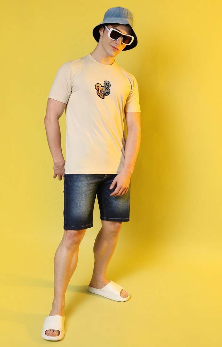 Men's Beige Graphics Regular T-Shirts