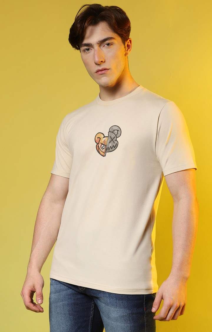 Men's Beige Printed Regular T-Shirt