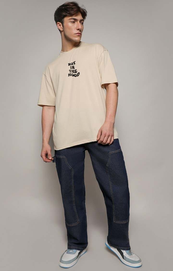 Men's Beige Printed Oversized T-Shirt