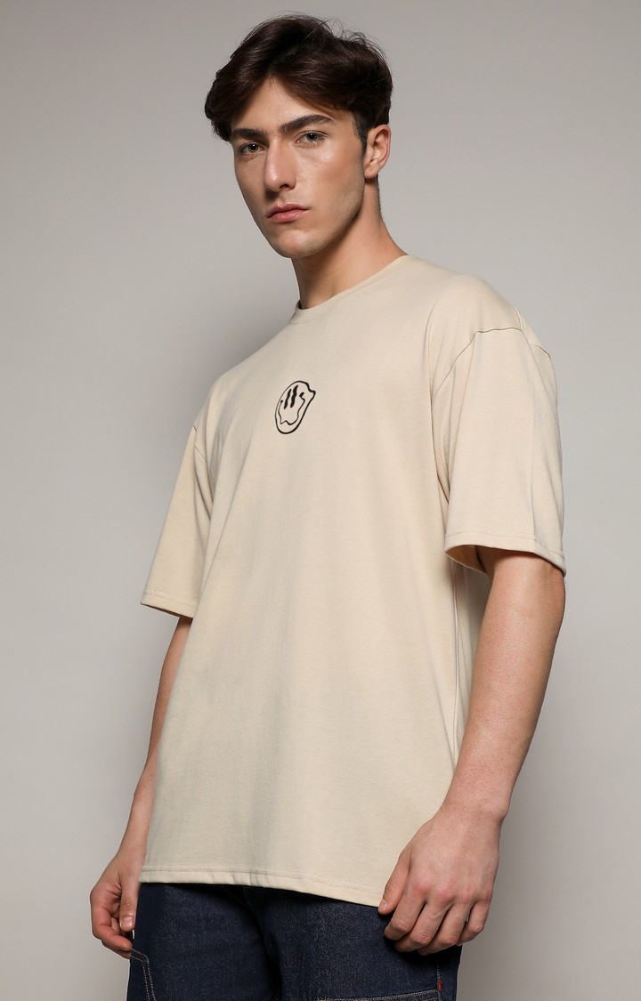 Men's Beige Printed Oversized T-Shirt