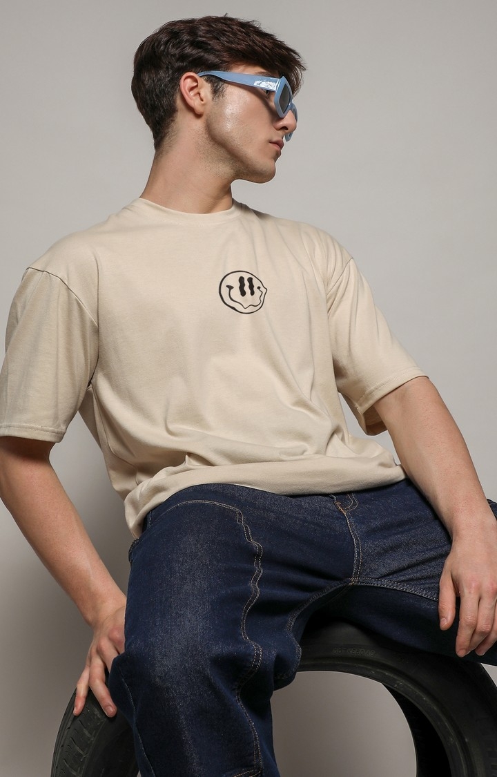 Men's Beige Printed Oversized T-Shirt