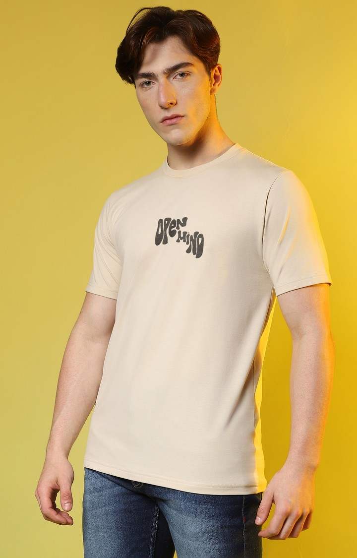 Men's Beige Graphics Regular T-Shirts