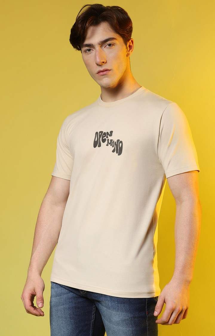 Men's Beige Printed Regular T-Shirt