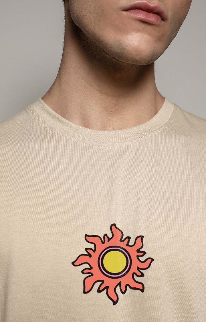 Men's Beige Printed Oversized T-Shirt